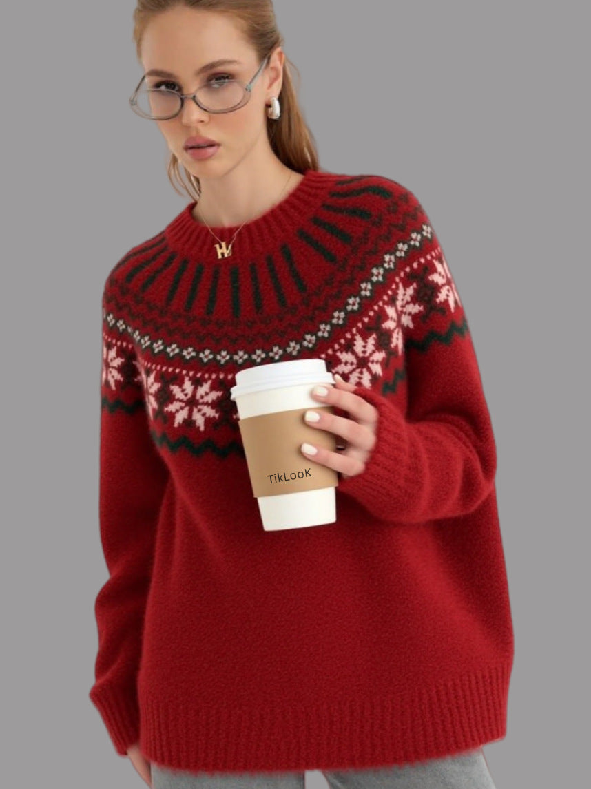 Damen Strickpullover mit festlichem Norweger-Motiv und weitem Schnitt Drune