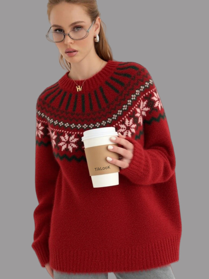 Damen Strickpullover mit festlichem Norweger-Motiv und weitem Schnitt Drune