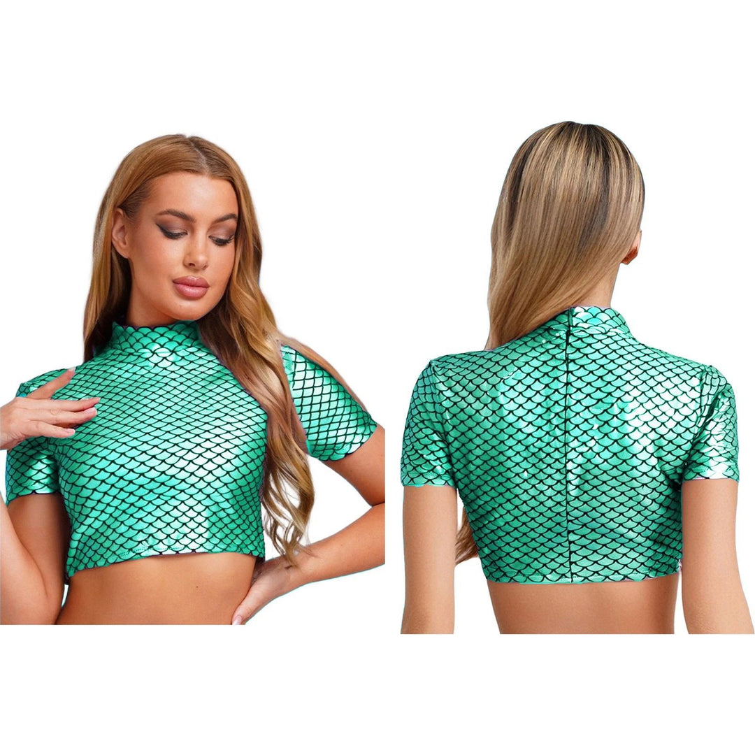 Damen Glitzerndes Cropped Shirt mit schimmerndem Fischschuppen-Muster Drune