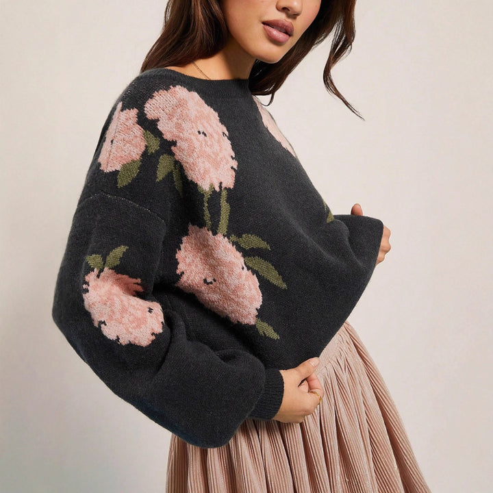 Damen Grobstrickpullover mit floralem Design und asymmetrischem Schnitt Drune