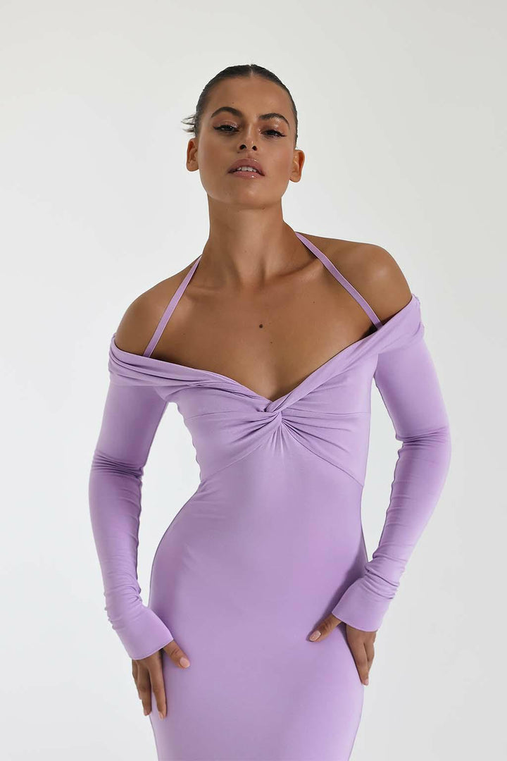 Damen Maxi-Kleid mit Off-Shoulder Design und elegantem Schlitz Drune