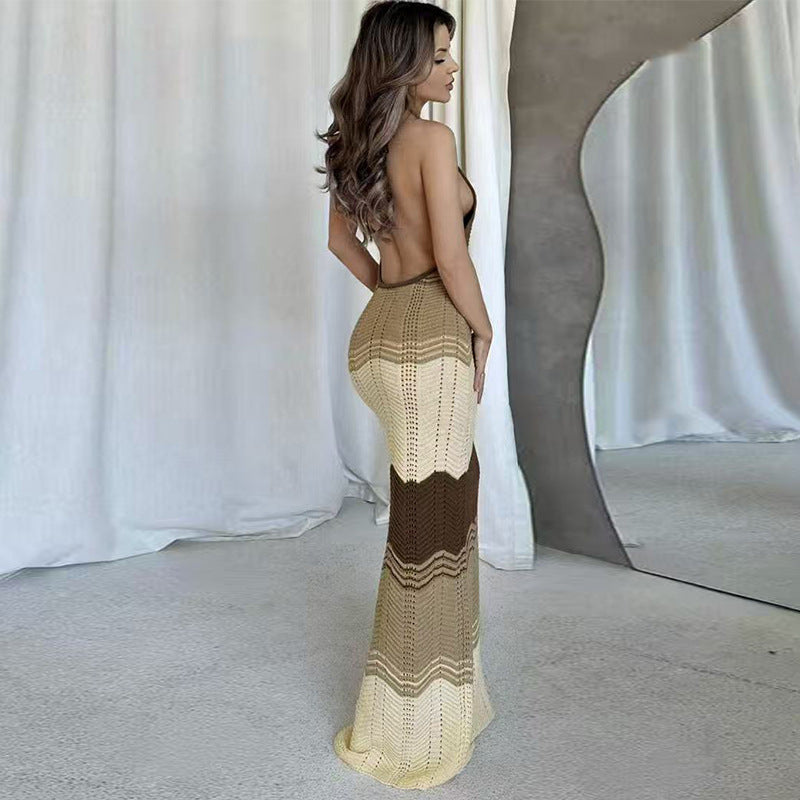 Damen Häkel-Maxikleid mit exklusivem Muster und elegantem Kragen Drune
