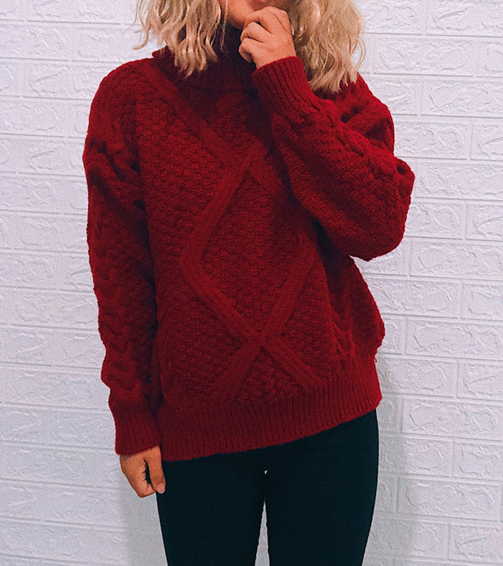Damen Grobstrickpullover mit modischem Zopfmuster und hohem Kragen Drune