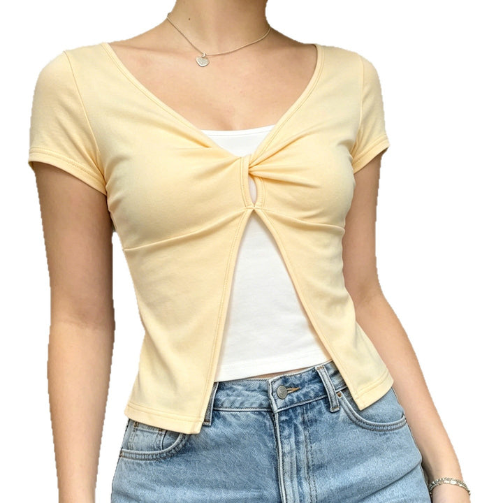 Damen Süßes kurzes T-Shirt mit Knoten-Design und Cut-out-Details Drune