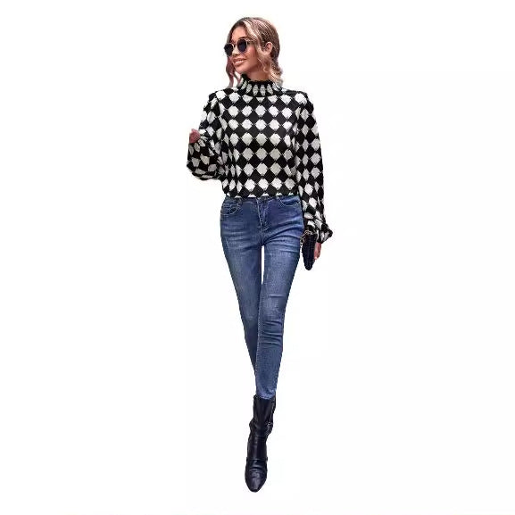 Damen elegante Bluse mit hochgeschlossenem Kragen und grafischem Muster Drune