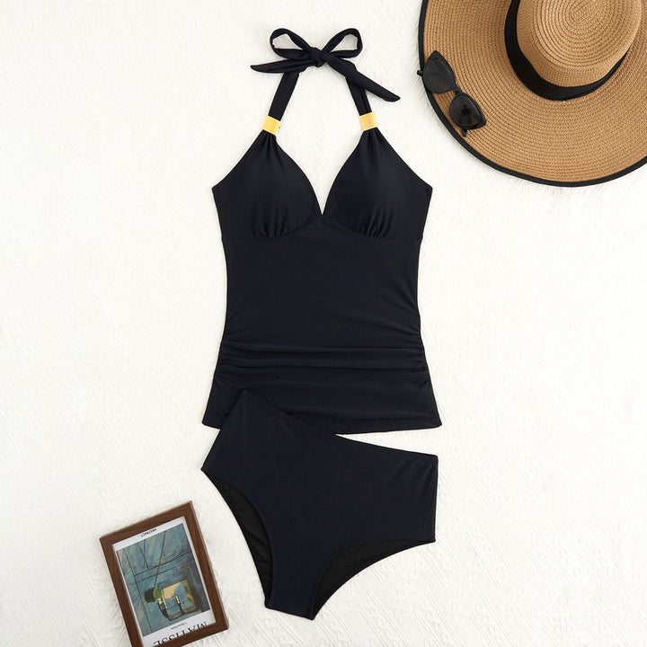 Damen eleganter Badeanzug mit raffiniertem V-Ausschnitt und goldenen Details Drune
