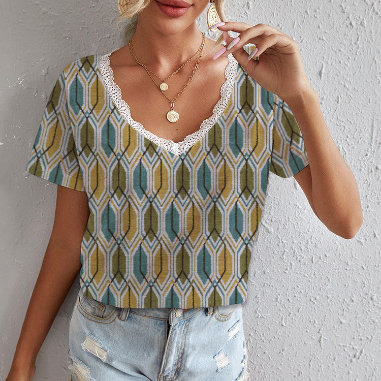 Damen Viskose-Shirt mit Spitzenkragen und Pfeilmuster Drune