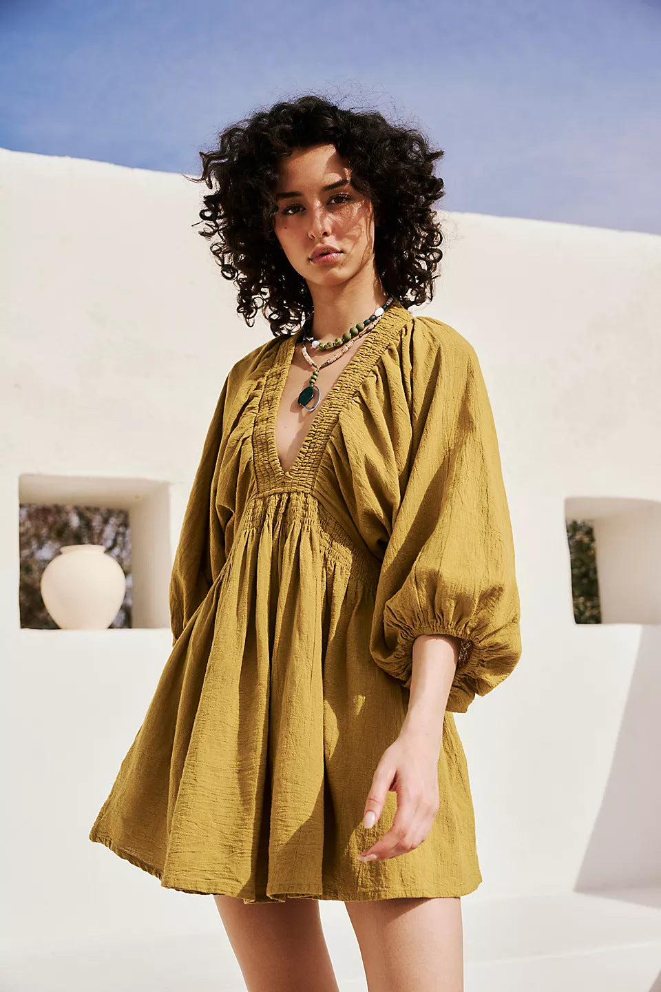Damen Sommerliches Minikleid mit Puffärmeln und V-Ausschnitt Drune