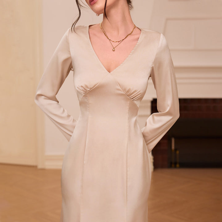 Damen elegantes Satin-Kleid mit V-Ausschnitt und langem Arm Drune