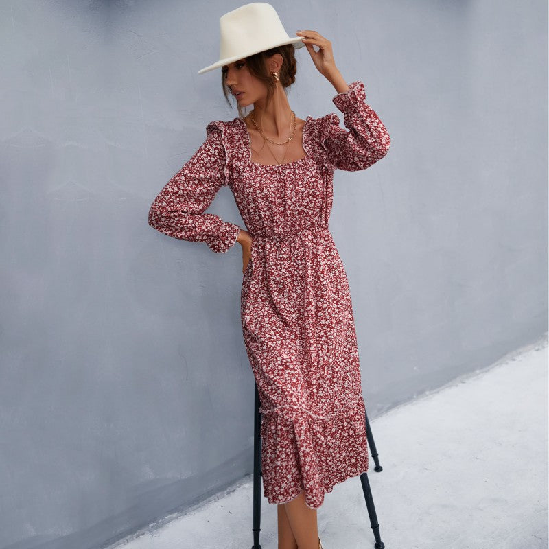 Damen romantisches Maxikleid mit Rüschendetails und floralen Mustern Drune
