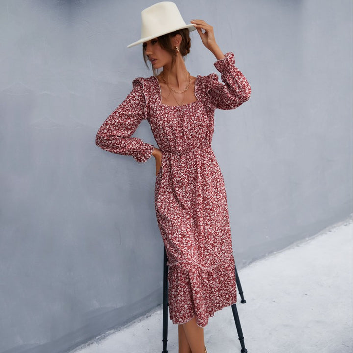 Damen romantisches Maxikleid mit Rüschendetails und floralen Mustern Drune