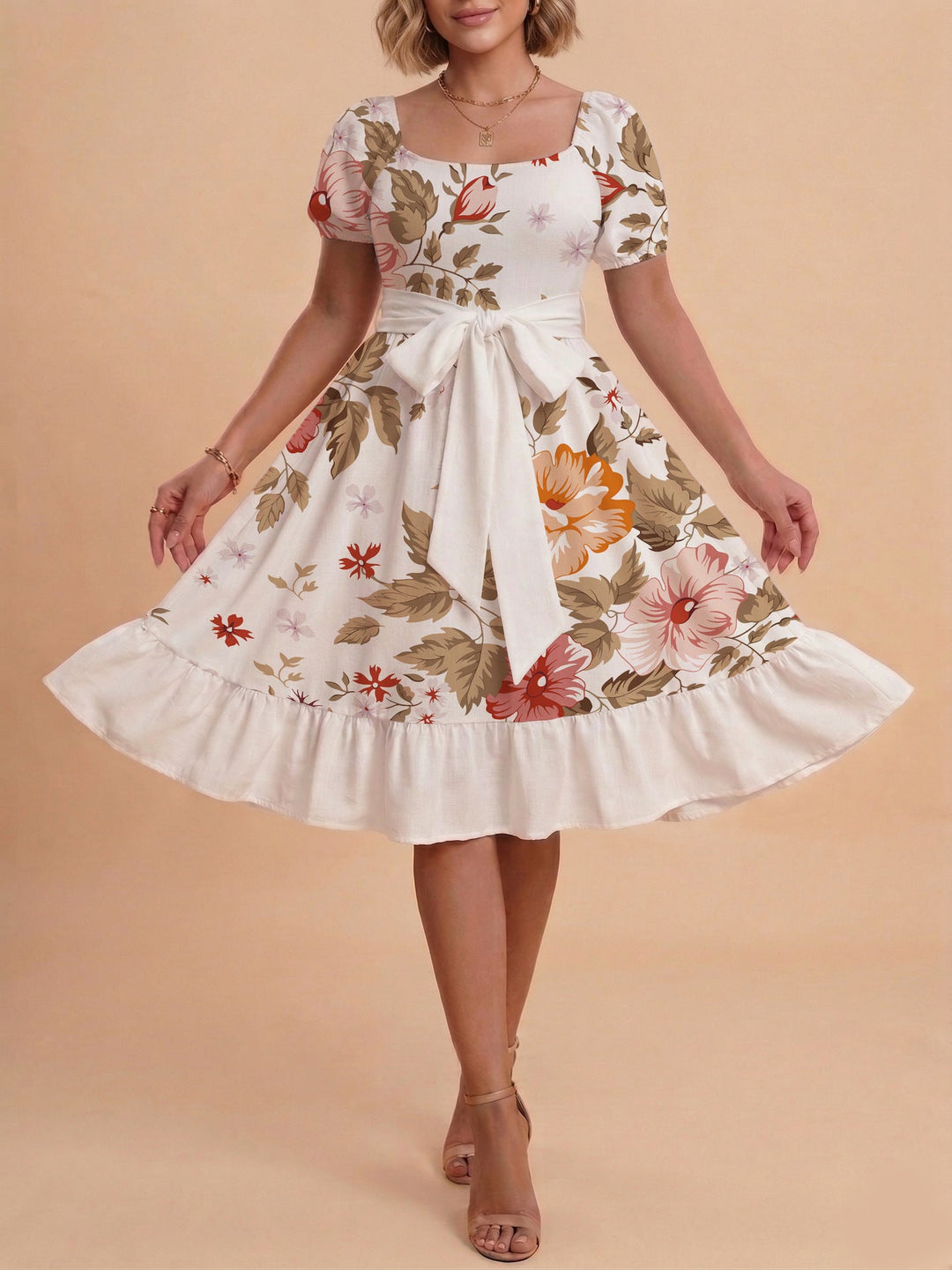 Damen Sommerliches Blumenkleid mit taillierbarem Gürtel und voluminösen Ärmeln Drune