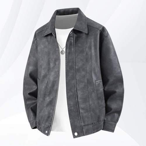 Männer's  distressed Kunstleder Zip-Vorderseite Kragenjacke mit elastischem Saum und gefütterten Taschen Drune