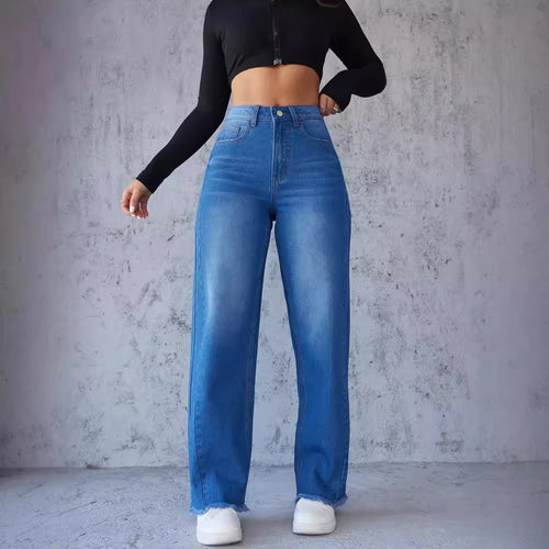 Damen weite High-Waist Jeans mit ausgefranstem Saum Drune
