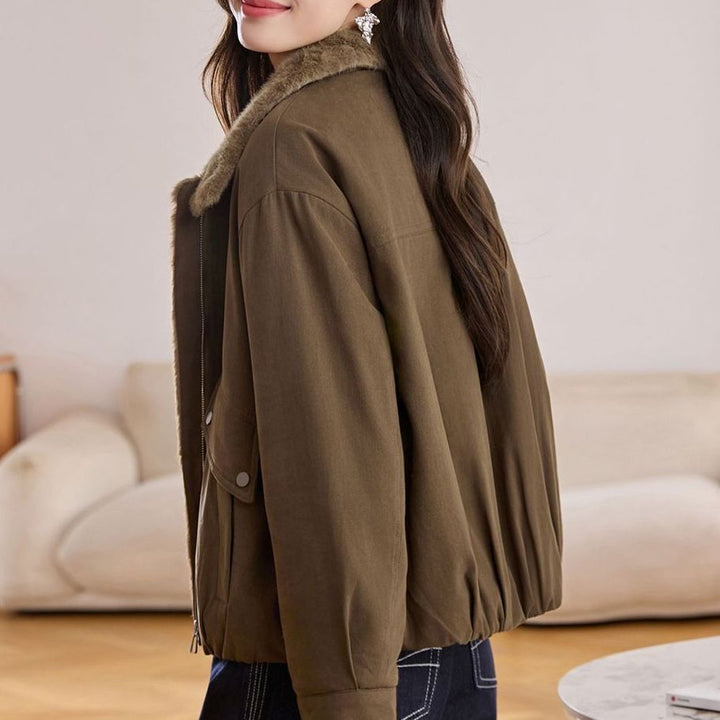 Damen warme Steppjacke mit flauschigem Kragen und praktischen Taschen Drune