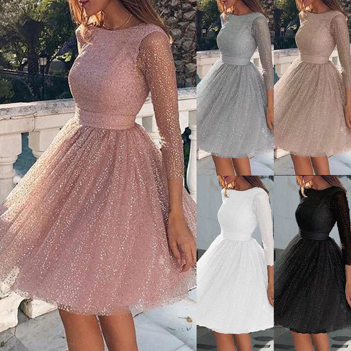Damen Elegantes Tüllkleid mit Transparenten Ärmeln Drune