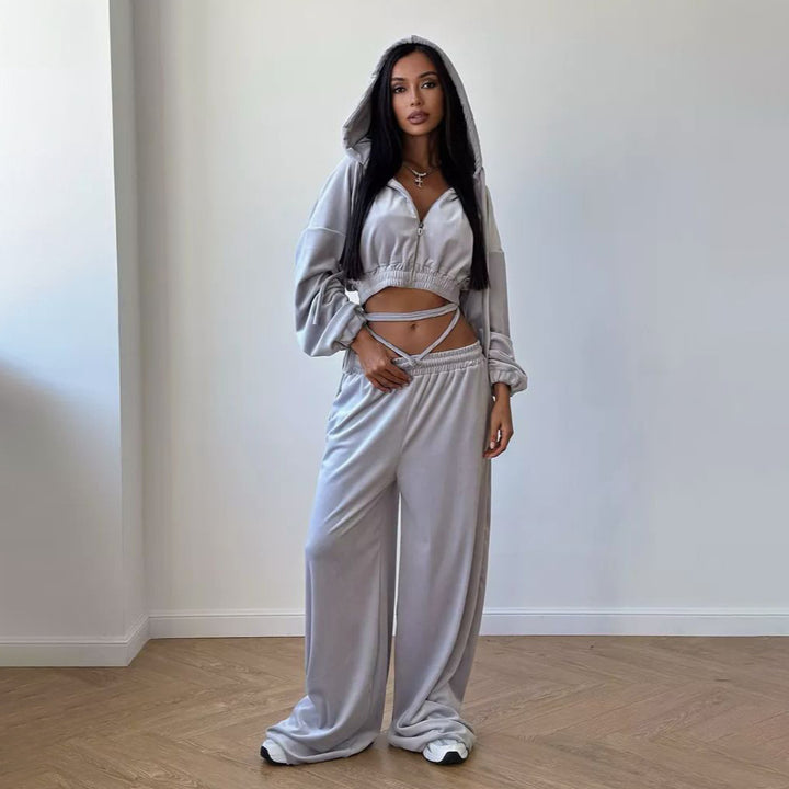 Damen Lässiges Sportanzug-Set mit Kapuzenoberteil und weitem Hosenstil Drune