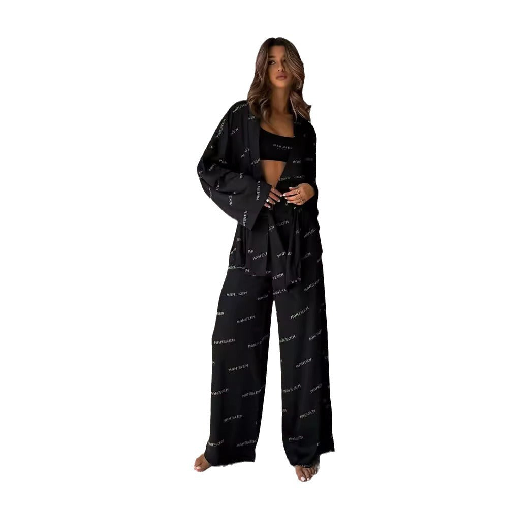 Damen modisches Satin-Set mit Langarmjacke und Hose Drune