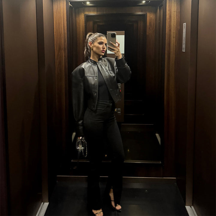 Damen Modische Kunstlederjacke mit elegantem Stehkragen und strukturiertem Design Drune