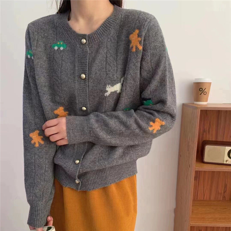 Damen kuscheliger Strickcardigan mit verspieltem Motiv und praktischen Knöpfen Drune