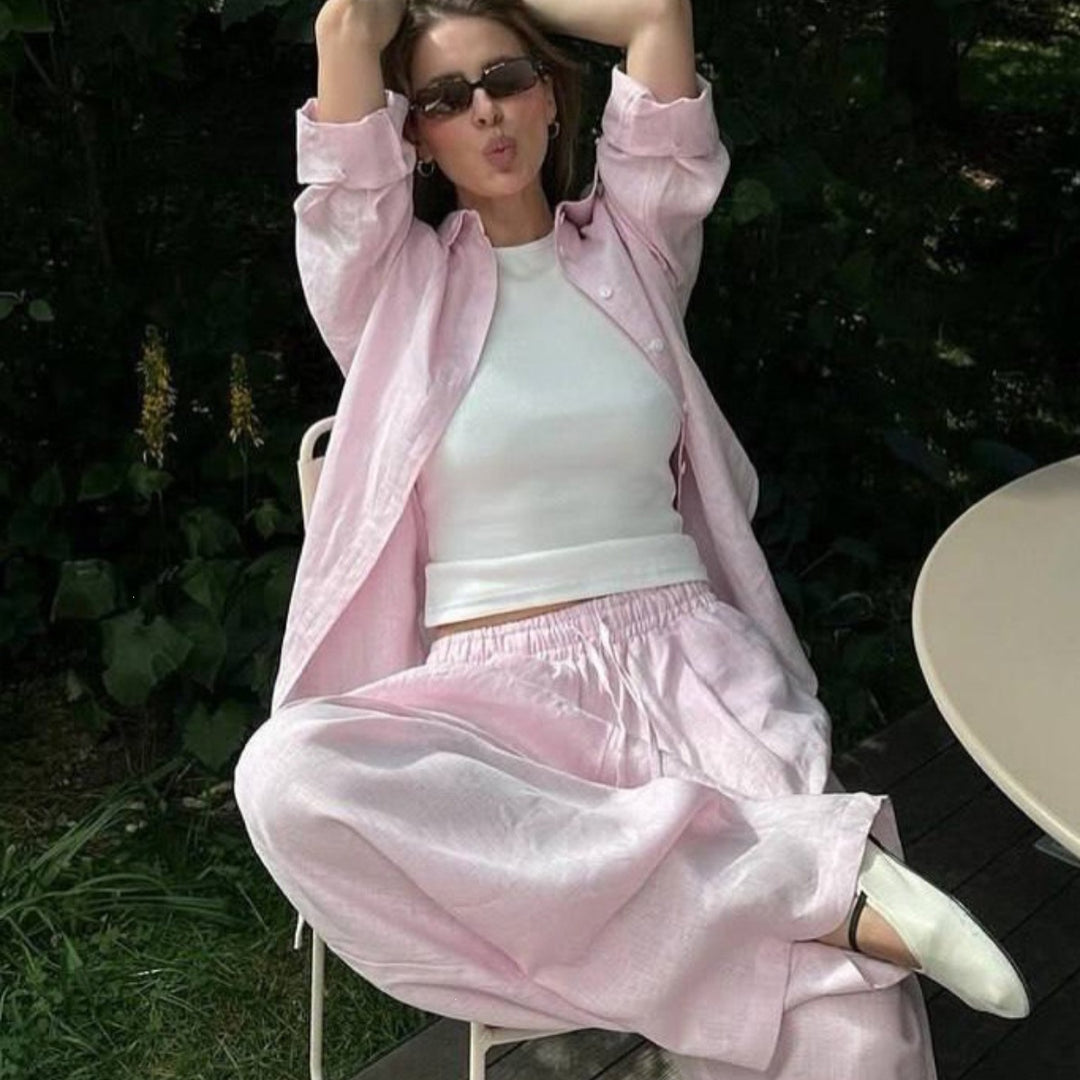 Damen nan luftiges Leinen-Loungeset mit Oversize-Hemd und weiter Bundhose mit Gummizug Drune