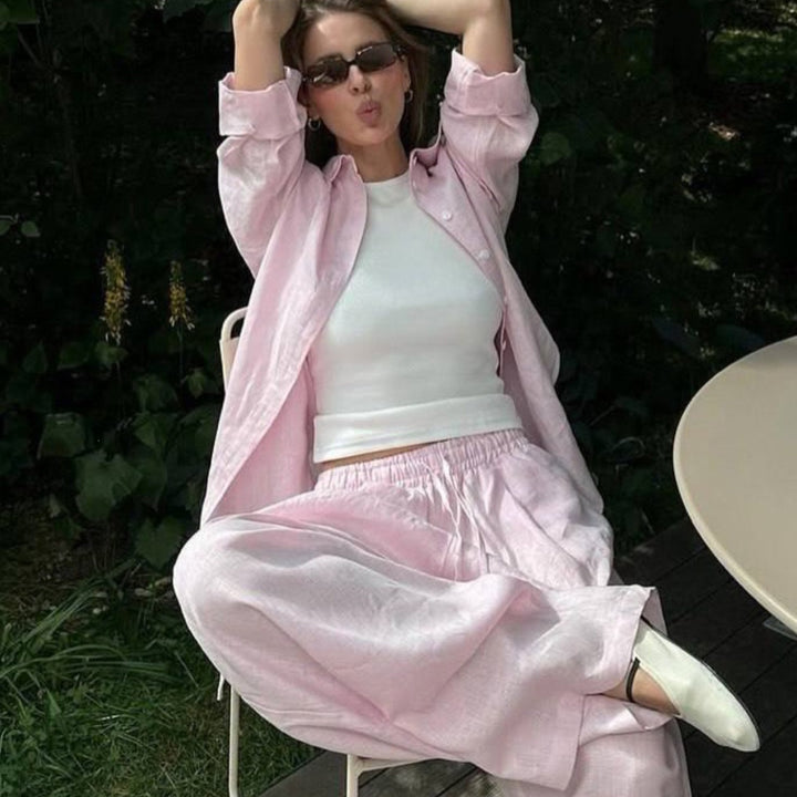 Damen nan luftiges Leinen-Loungeset mit Oversize-Hemd und weiter Bundhose mit Gummizug Drune