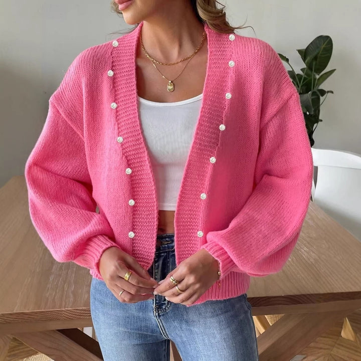 Damen nan Strickcardigan mit Perlenknöpfen und Balloon-Ärmeln Drune