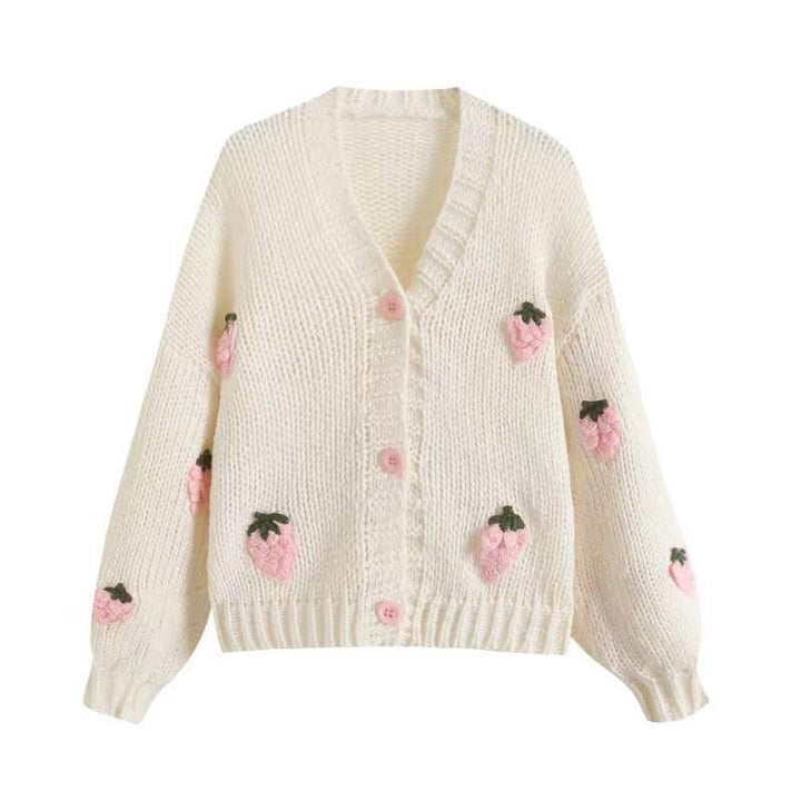 Damen Bestickter Erdbeer-Button-Up-Cardigan Drune