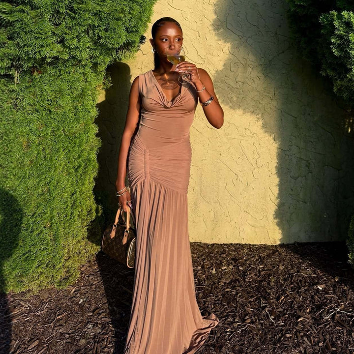 Damen Maxikleid mit eleganter Drapierung und schickem V-Ausschnitt Drune