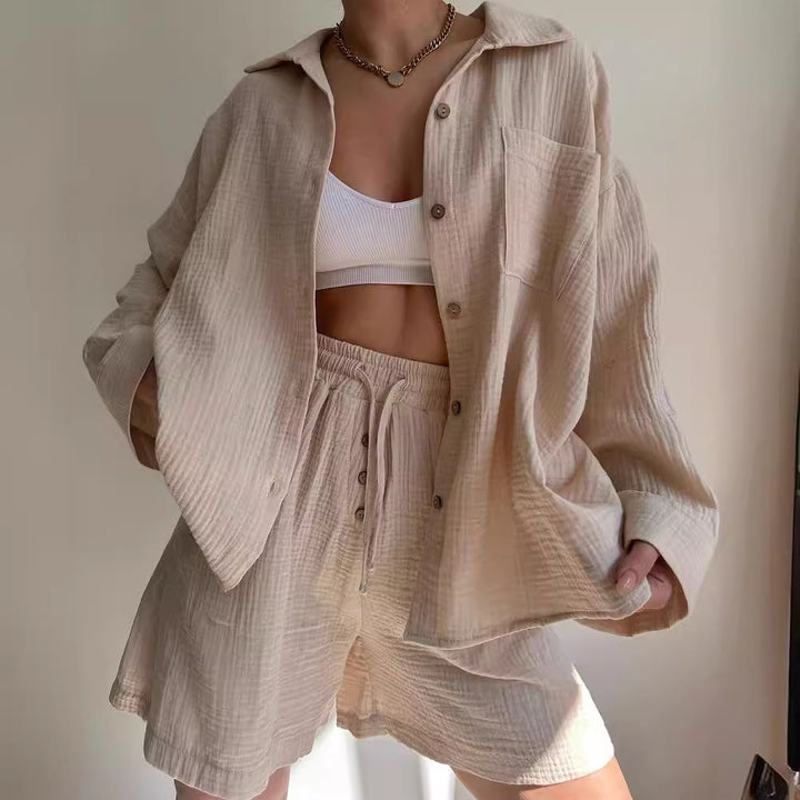 Damen lässige Overshirtjacke aus leichtem Material mit Holzknöpfen Drune