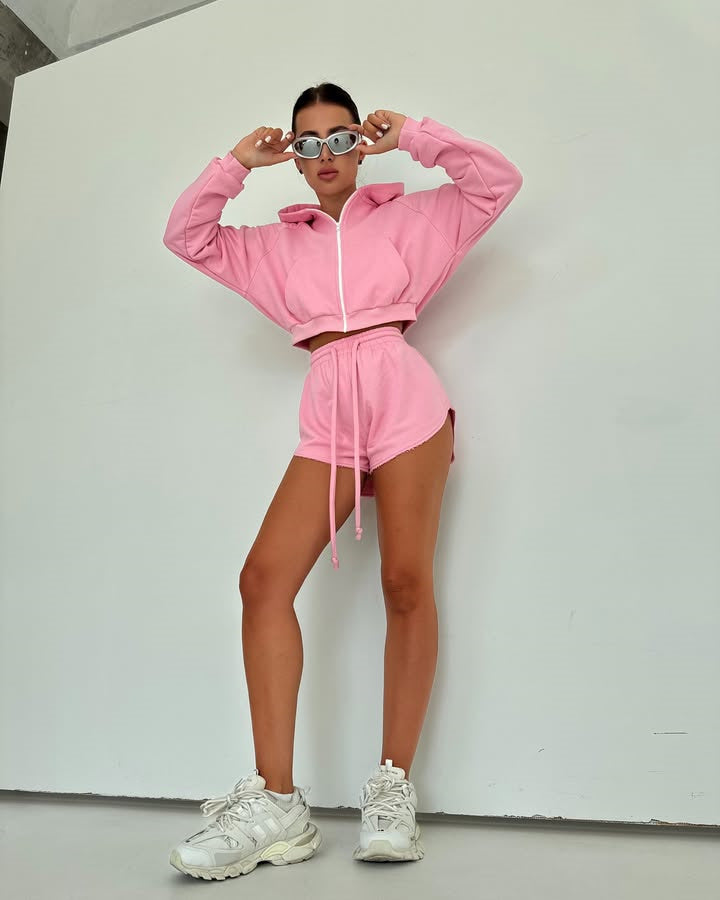 Damen lässiges Hoodie-Set mit Reißverschluss und elastischem Bund Drune