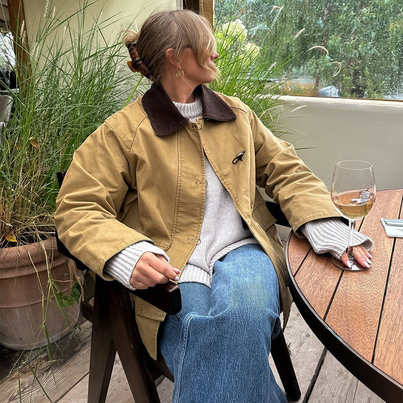 Damen Modische Baumwolljacke mit abnehmbarem Kragen Drune