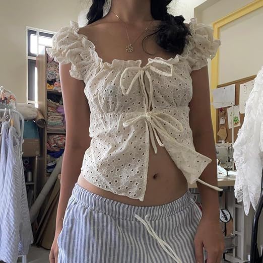 Damen Rüschenshirt mit tiefer Taille und Bindebändern Drune