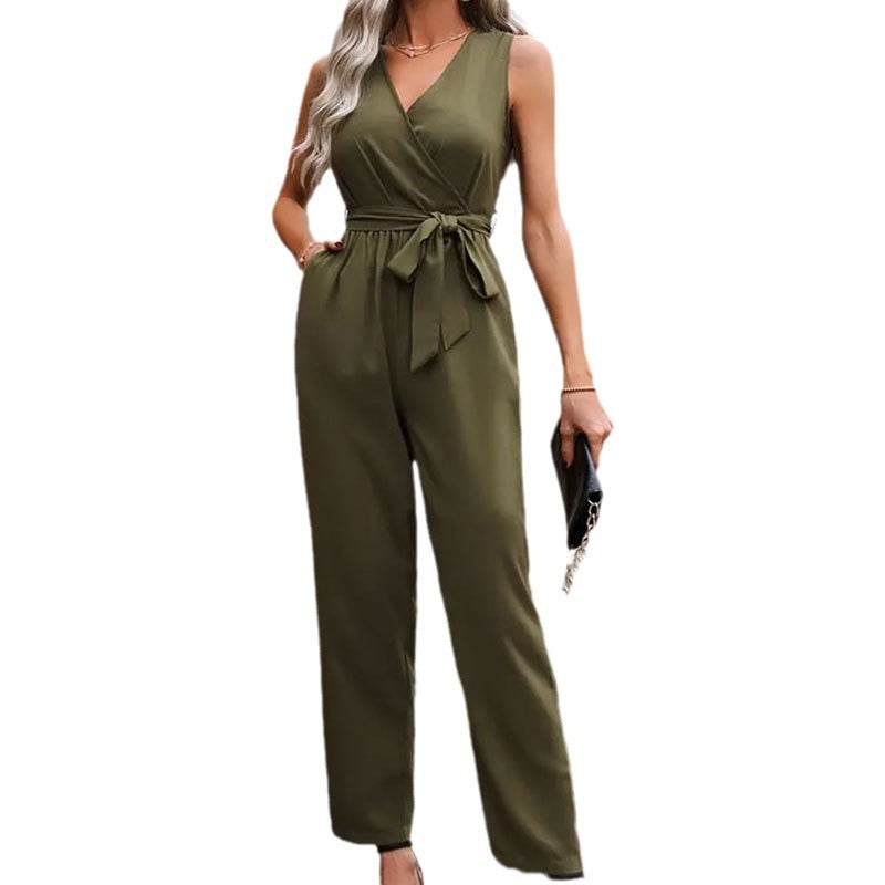 Damen eleganter Wickel-Jumpsuit mit Taillengürtel Drune