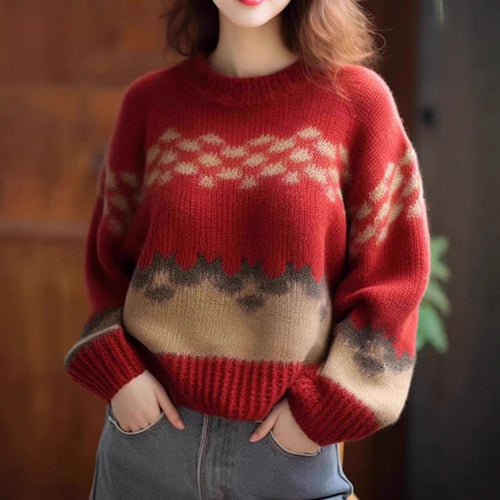 Damen Großer, lässiger Strickpullover mit grafischem Muster Drune