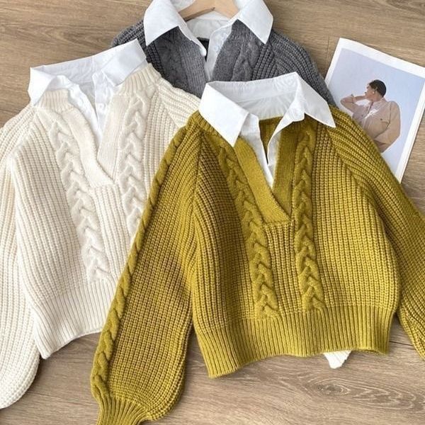 Damen Stilvoller Strickpullover mit tiefem V-Ausschnitt und Zopfmuster Drune