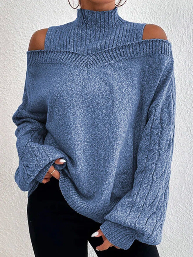 Damen Strickpullover mit lässigem Off-Shoulder Design und hohem Kragen Drune