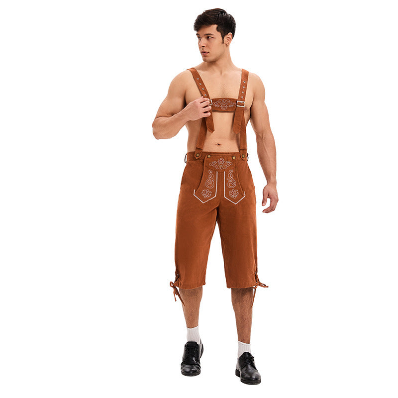 Herren nan knielange traditionelle Lederhose mit besticktem Brustlatz und verstellbaren Trägern Drune