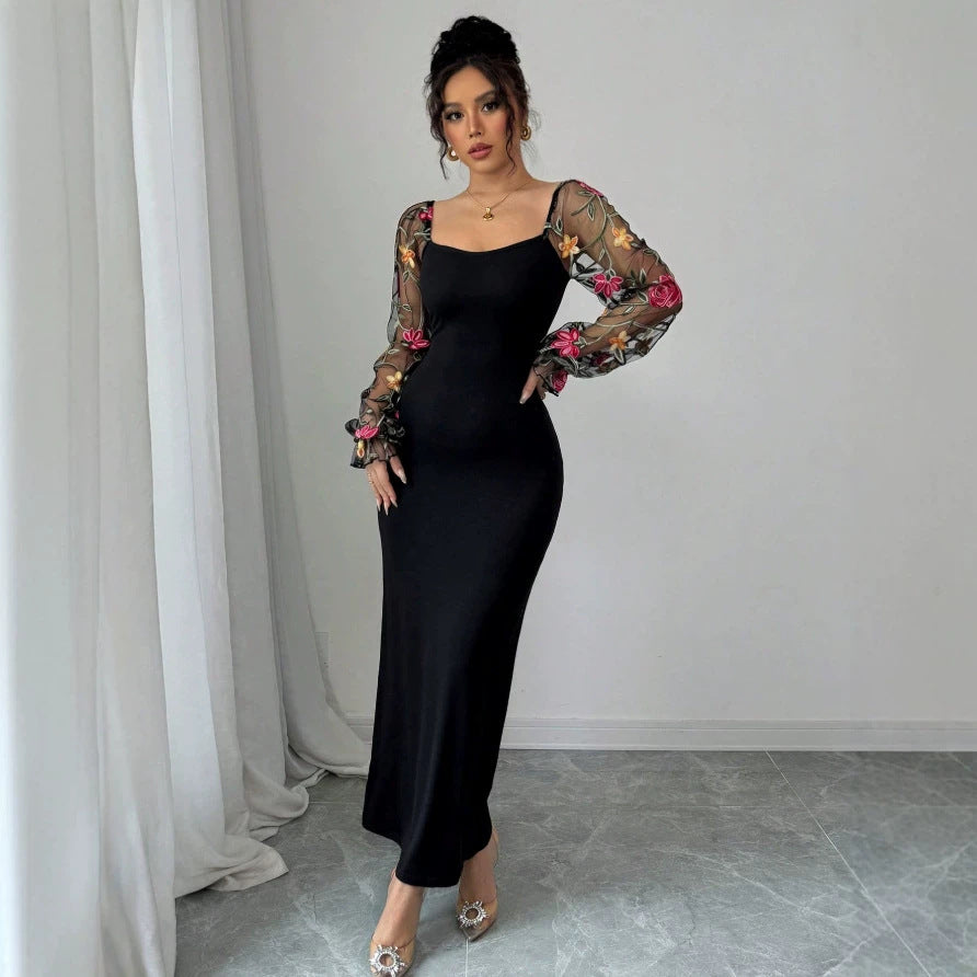 Damen Elegantes Maxikleid mit floralen Spitzenärmeln und figurbetontem Schnitt Drune