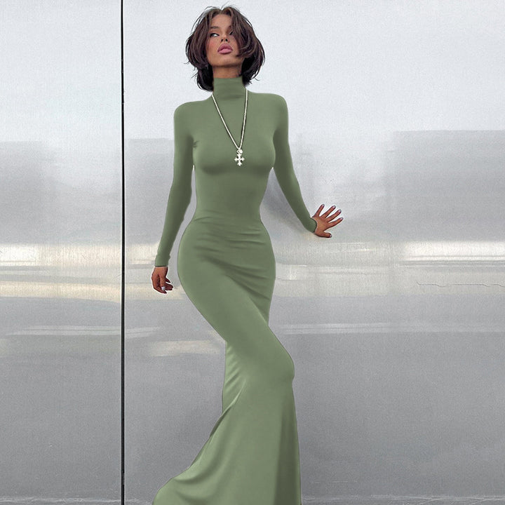 Damen Elegantes Maxikleid mit hochgeschlossenem Hals und figurbetontem Schnitt Drune