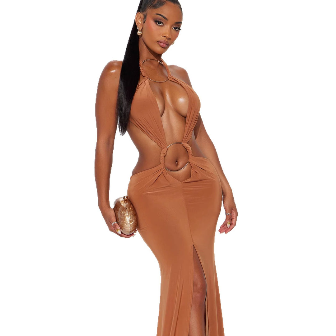 Damen aufregendes Maxikleid mit tiefem V-Ausschnitt und eleganten Raffungselementen Drune