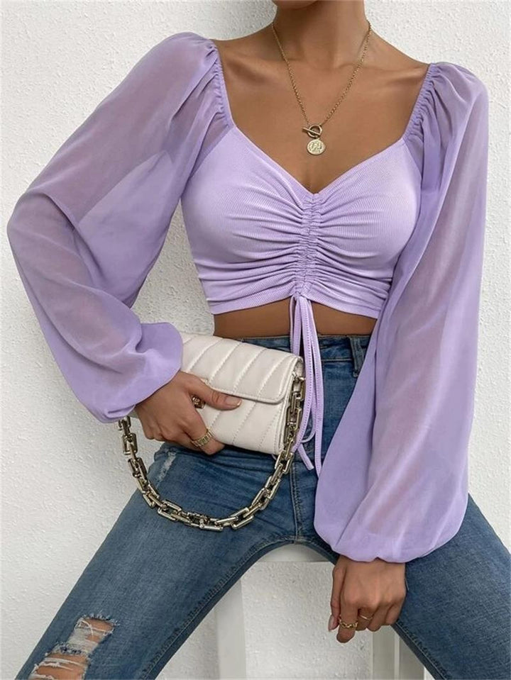 Damen Crop-Top mit strukturiertem Körper und eleganten Puffärmeln Drune