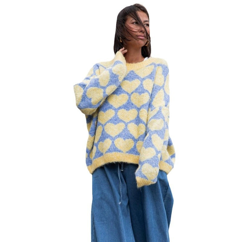 Damen Oversized Pullover mit Herzmuster und weitem Schnitt Drune