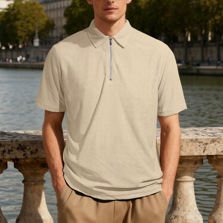 Herren nan schmal geschnittenes Halbzip-Polo mit feiner Fischgrät-Jacquardstruktur Drune