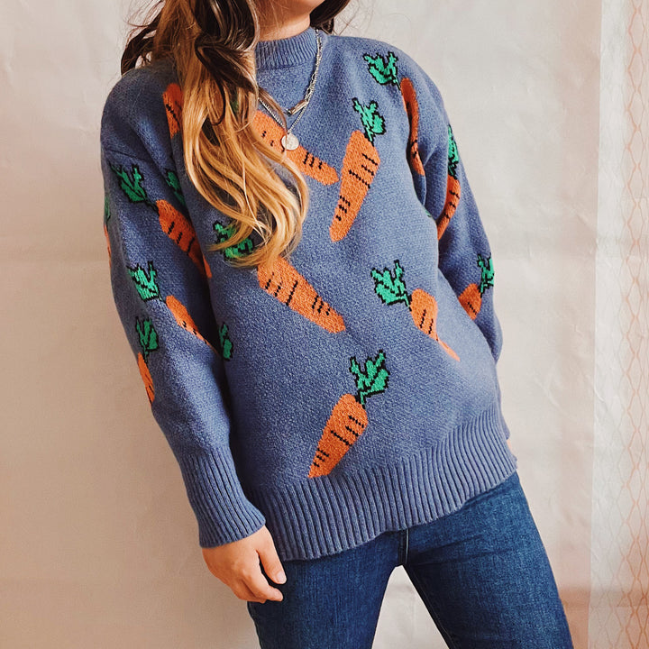 Damen lässiger Pullover mit buntem Karottenmotiv Drune