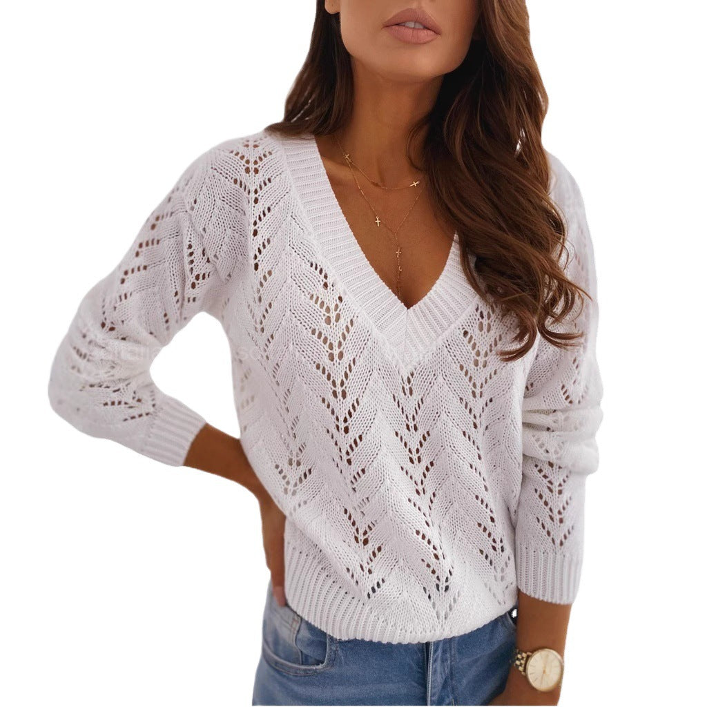 Damen Strickpullover mit V-Ausschnitt und kunstvollen Lochmustern Drune