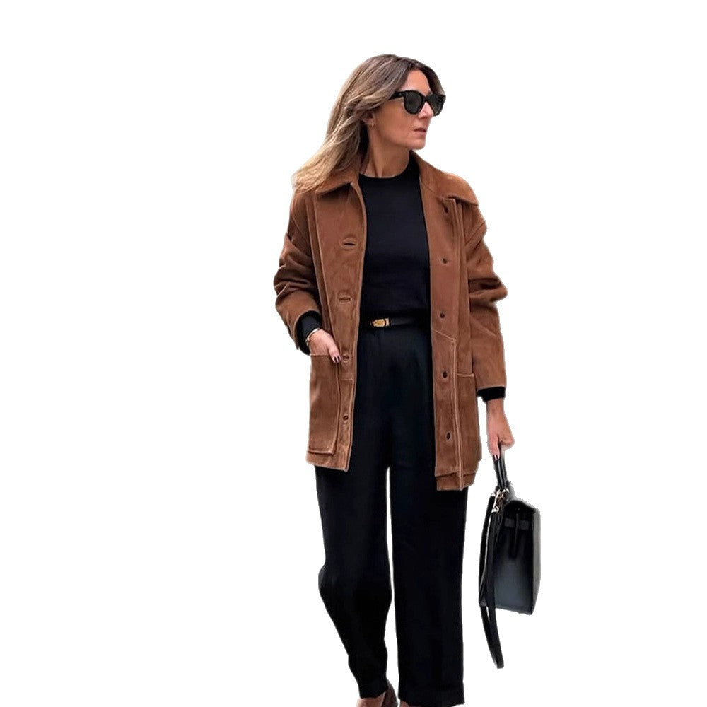 Damen hochwertige Suede Jacke mit praktischen Taschen und klassischem Kragen Drune