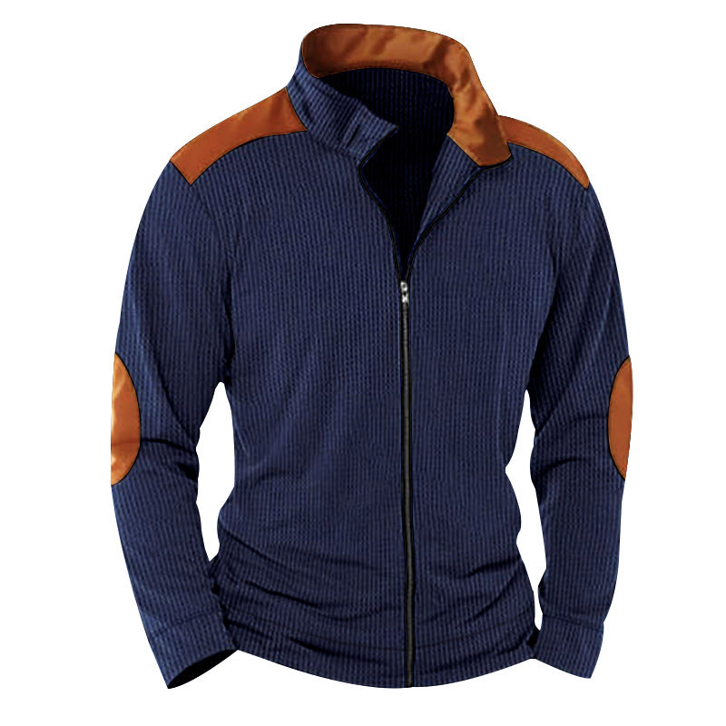 Herren nan strukturierte Strick‑Hybridjacke mit Stehkragen Kontrasteinsätzen und Ellbogenpatches Drune