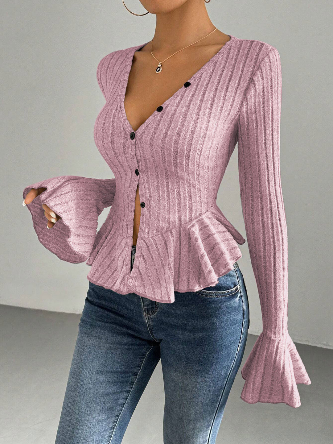 Damen modische Strickjacke mit taillierter Silhouette und dekorativen Rüschendetails Drune