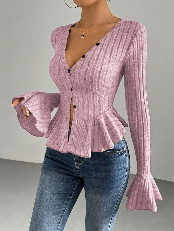 Damen modische Strickjacke mit taillierter Silhouette und dekorativen Rüschendetails Drune